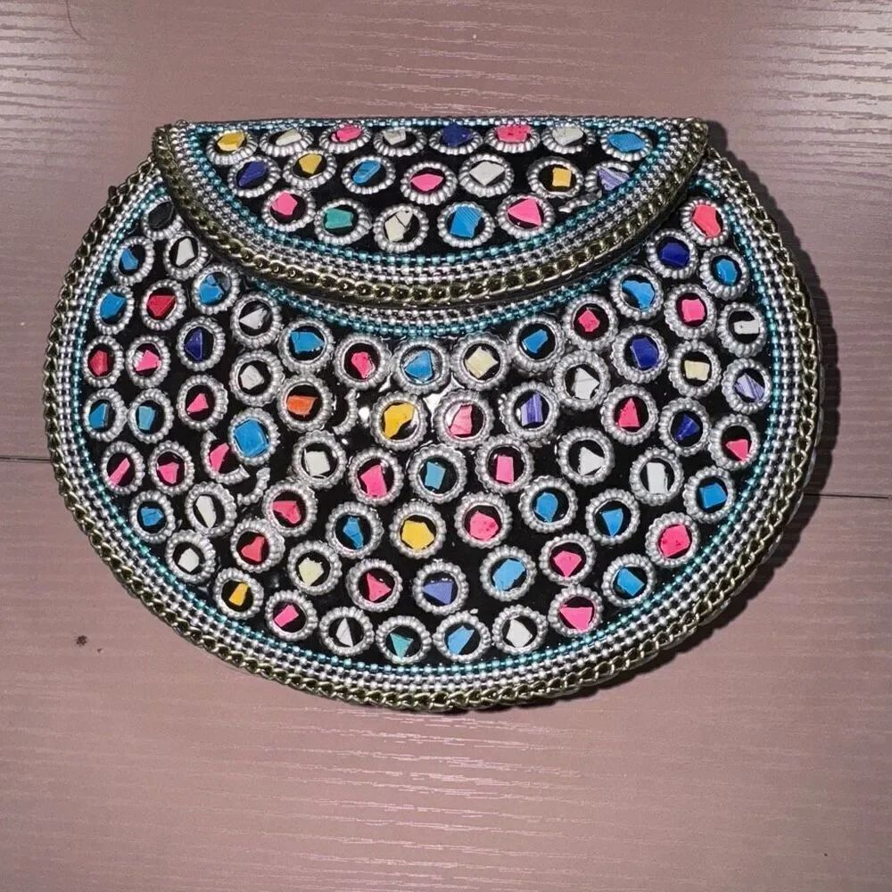NEW RAMLA Rio mosaic handcrafted gold multicolor shoulder bag clutch
